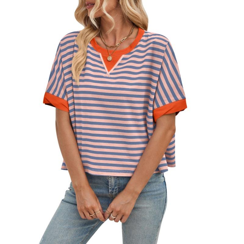 

Женские летние футболки свободного покроя в полоску с цветными блоками и круглым вырезом с рукавами «летучая мышь» XL
