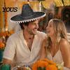 Outdoor Travel Hat Mexican Sombrero with Colorful Poms, Hawaiian Style Woven Straw Sun Hat, Wide Brim Lightweight Festival Party Costume