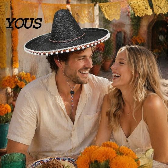 Outdoor Travel Hat Mexican Sombrero with Colorful Poms, Hawaiian Style Woven Straw Sun Hat, Wide Brim Lightweight Festival Party Costume