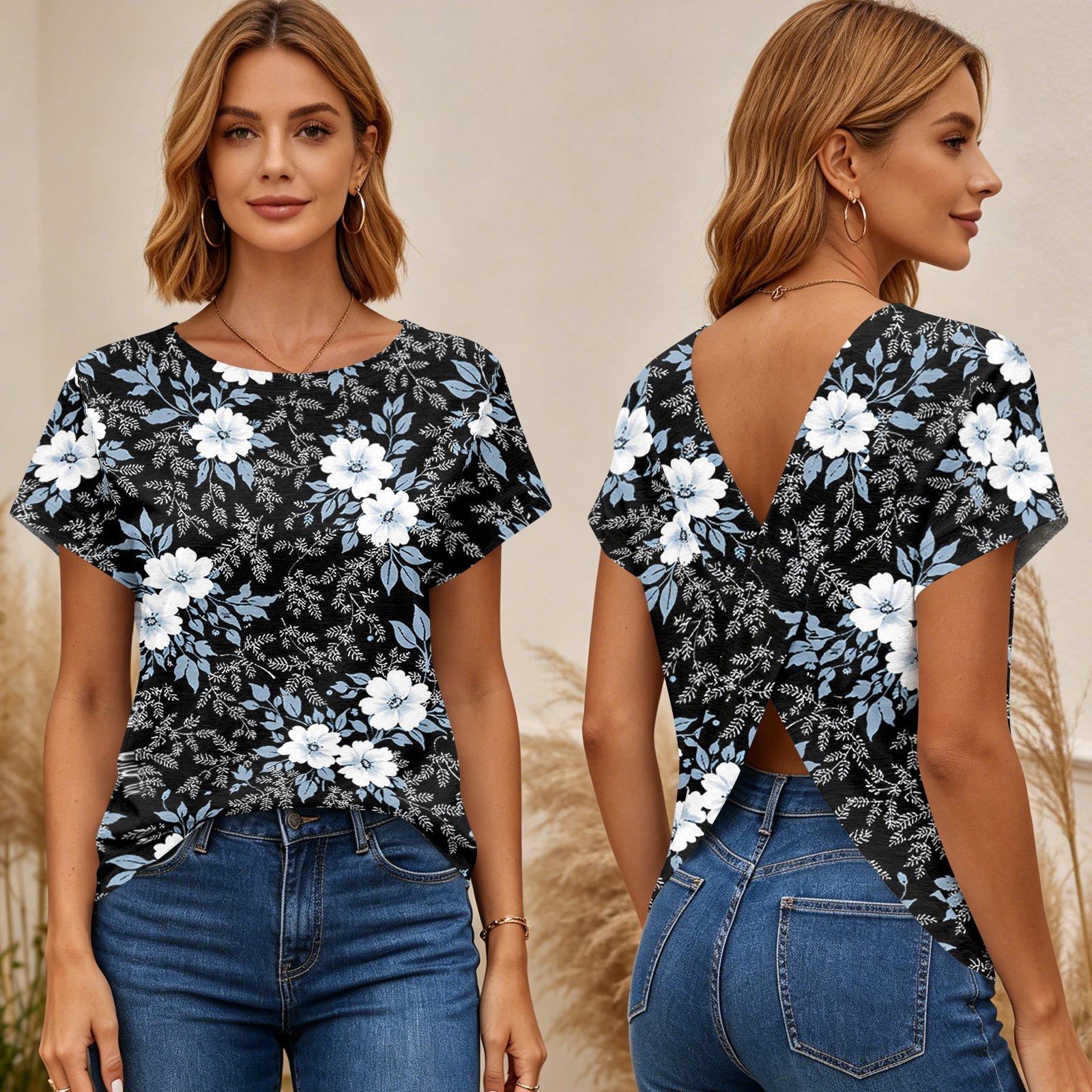 

Women s Short Sleeve Floral Print Cross Back T Shirt Top Summer Casual Lightweight Blouse with Open Back Design XXL чорний