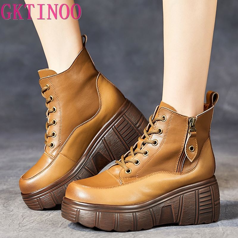 Fashion GKTINOO Ankle Women Boots Zip Winter 2024 New Women Shoes Genuine Leather Round Toe Handmade Retro Concise Platform Boots