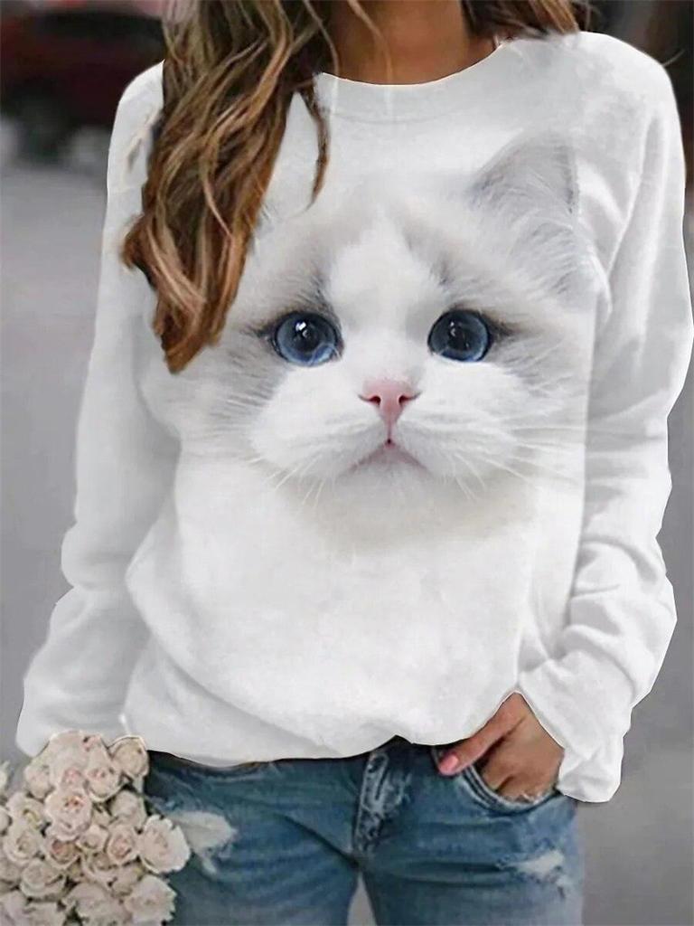 Cute Cat Printed Long Sleeved T-shirt