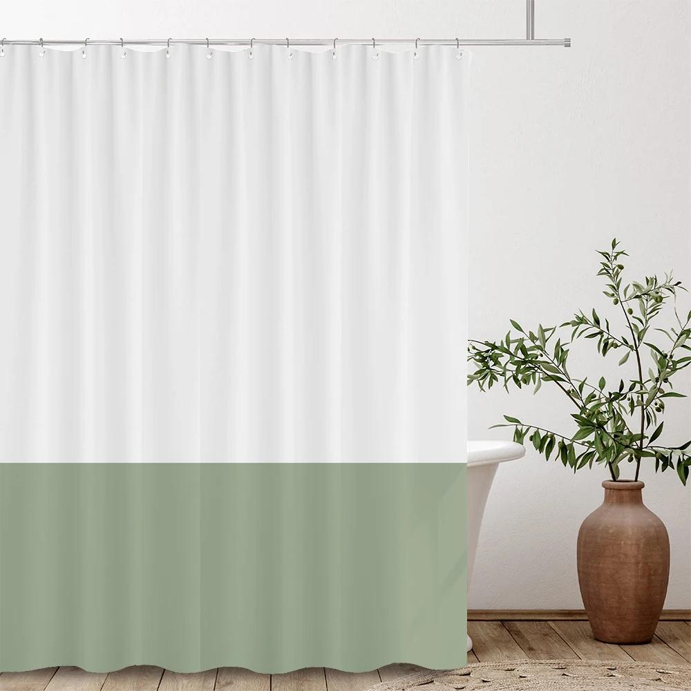 White Green 2 Various Colors Splicing Shower Curtain, Texture Fabric Bathroom Decor Waterproof Fabric Shower Curtian With Hooks