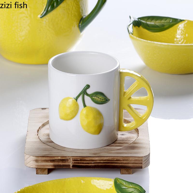 Hand Drawn Relief Ceramic Plate Lemon Shaped Pasta Plate Dessert Snack Plate Salad Bowl Yogurt Bowl Lemon Mug Creative Tableware