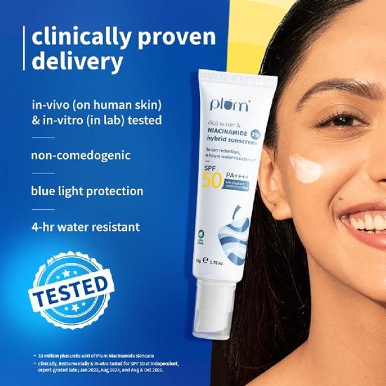 Plum 2% Niacinamide Sunscreen SPF 50 PA+++ With Rice Water | UVA/ UVB Protection | Dermatologically Tested |50 G