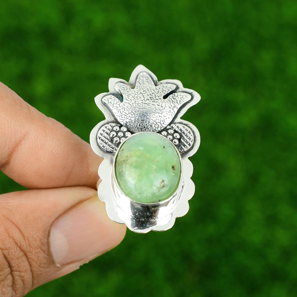 925 Silver Oval Natural Chrysoprase Statement New Promise Wife Heart Chakra Ring