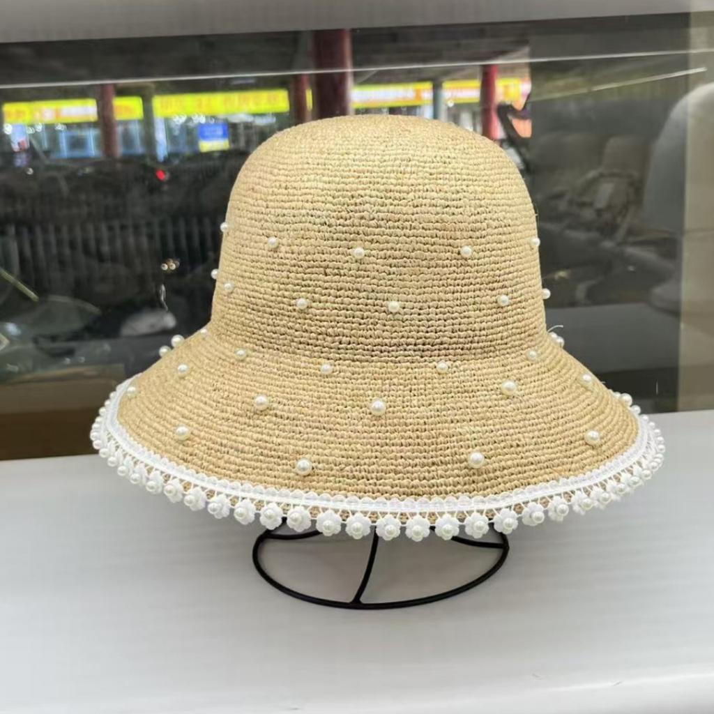 2026 Lafite Grass Day Single Fashion Pearl Straw Hat Women's Summer Sun Hat Beach Temperament Vacation Straw Small Basin Hat