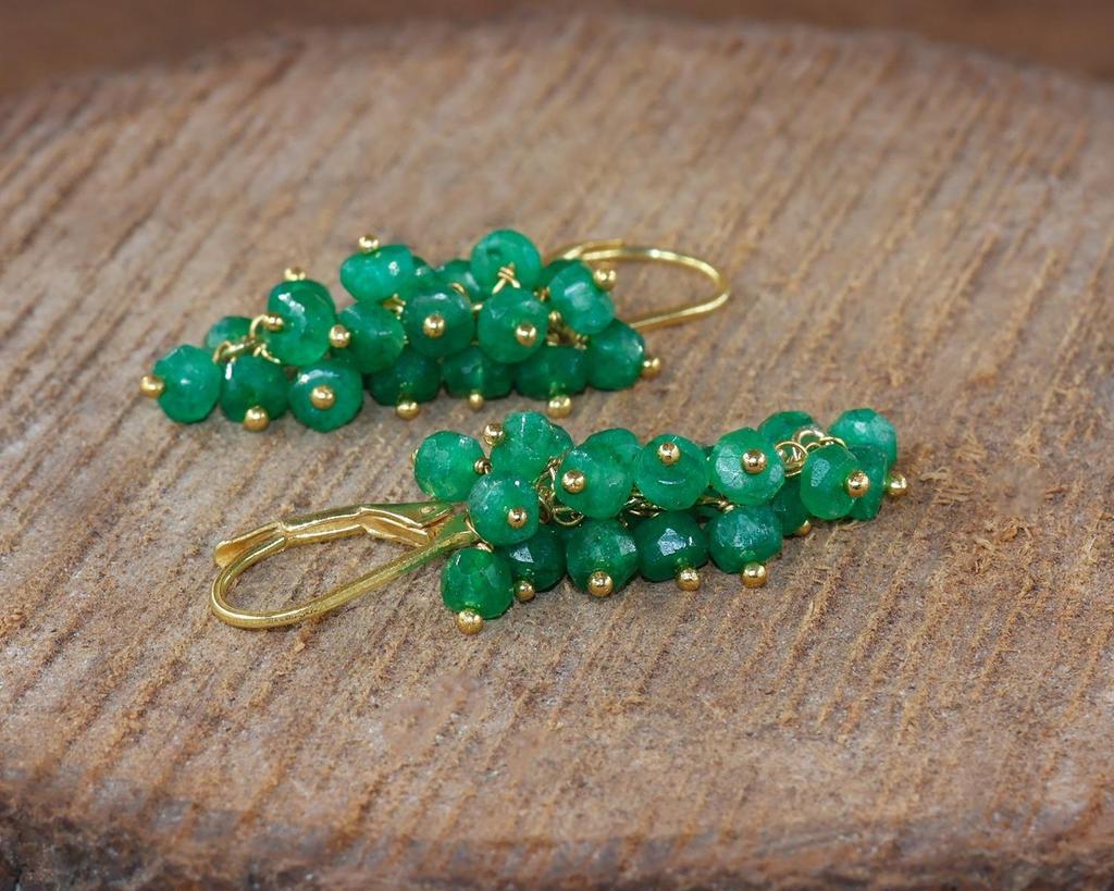 Green Emerald Gemstone Beads Cluster Earring, Natural Emerald Beads Gold Earring, May Birthstone Jewelry, Handmade Earrings, Gift for Her