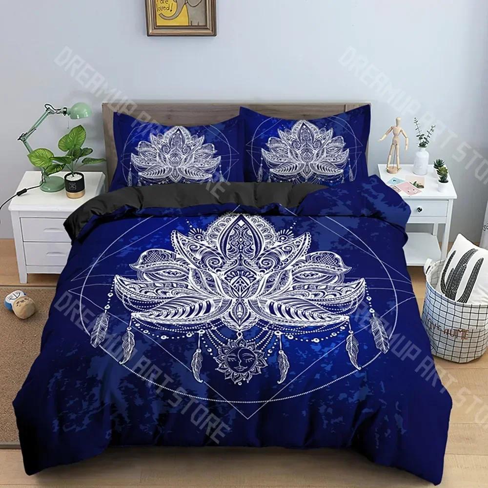 Bohemian Lotus 3pcs Bed Set Duvet Cover Set Mandala Flower Quilt Cover Adult Black Polyester Bedding Set Queen King Twin Te