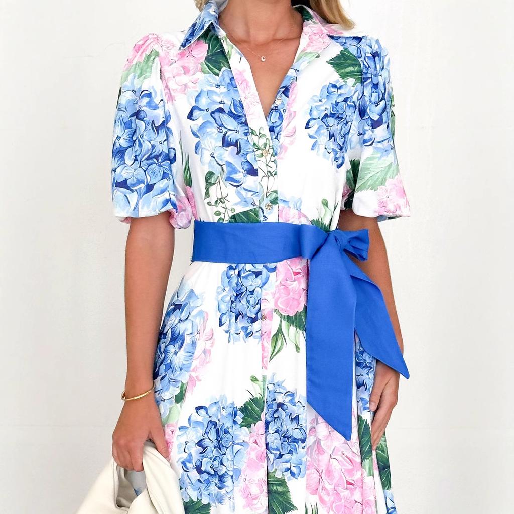 Vestito bohémien stampato primavera estate nuovo manica corta cintura a trapezio donna