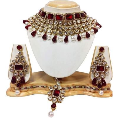 Gargantilla de cristal Shining Diva, juego de collar de joyería tradicional con pendientes Maang Tikka para mujer (rojo)