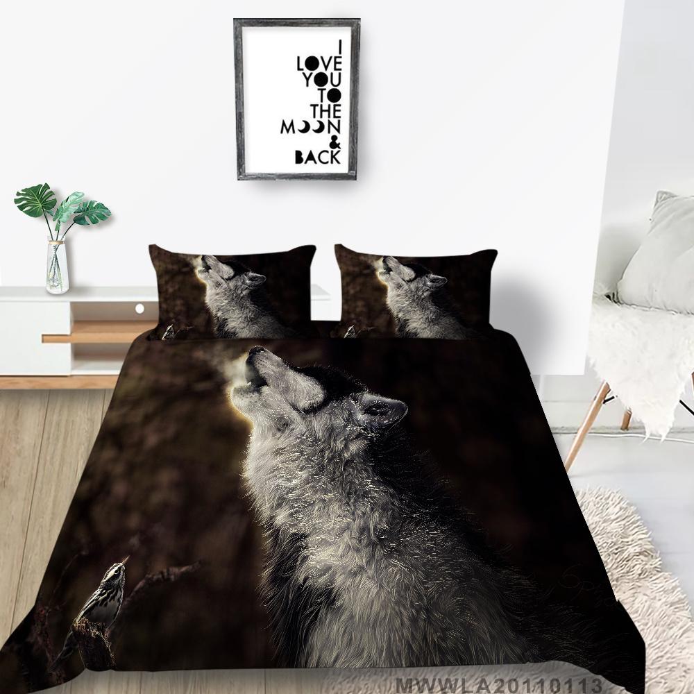 Hot Salg Dynetrekksett 2/3 stk Sengedrakt Wolf Printing Dynetrekksett Grønn soveromsdekorasjon