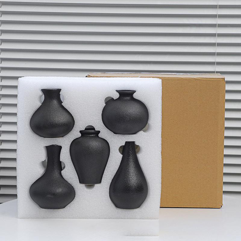 5Pcs Black Ceramic Vase Set Modern Minimalist Matte Flower Vases for Home Deco Living Room Table Centerpiece Wedding Party Decor