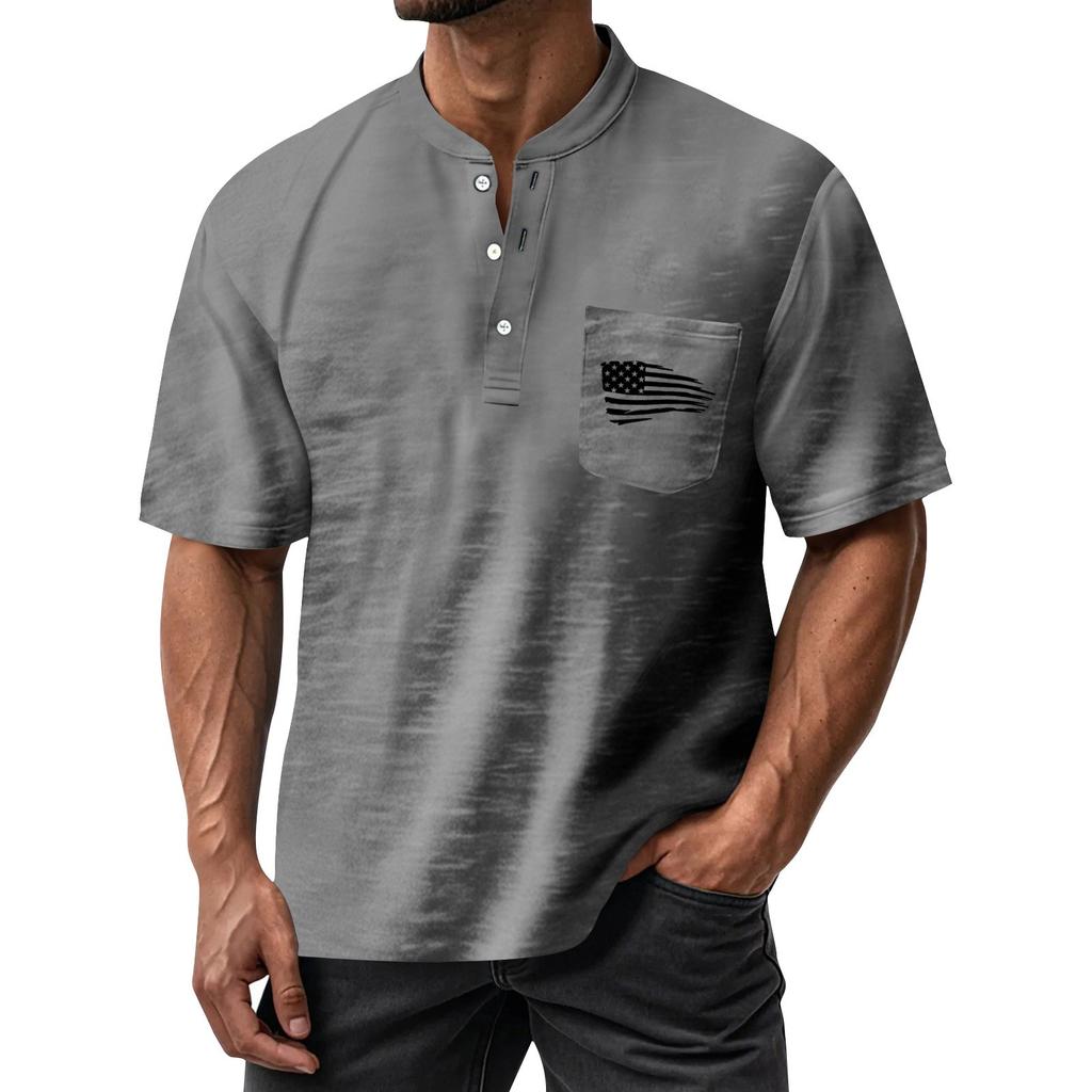 Men's Summer Round Neck Short Sleeve T-Shirt Neck Men's All- Casual Button Shirt