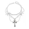 Accessories Punk Metal Cross Imitation Pearl Tassel Necklace, Sweet Cool Bow Necklace