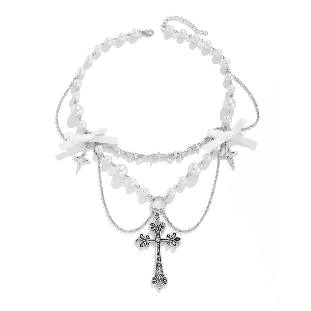 Accessories Punk Metal Cross Imitation Pearl Tassel Necklace, Sweet Cool Bow Necklace