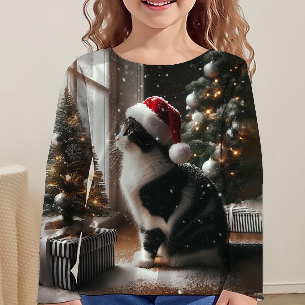 Children's Clothing Long Sleeve Cat Print O-Neck Kids Spring Fall Clothes Fashion Cartoon Girls Clothes T-Shirt Streetwear Tops