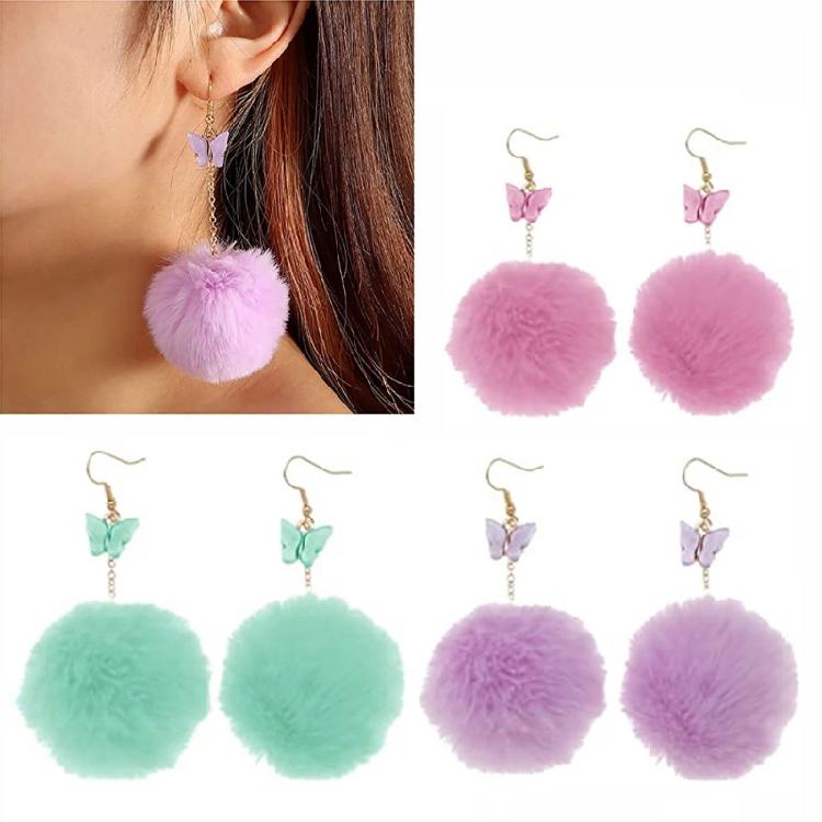 Artificial Fur Ball Fluffy Earrings Colored Pompom Earrings Suitable for Girls