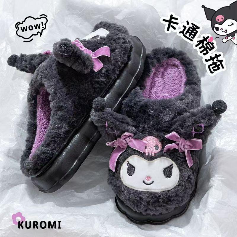 Женские зимние хлопковые тапочки Sanrio Kuromi с каблуком - Нескользящие, Утолщенные, С подкладкой из плюша, Домашние плюшевые тапочки.