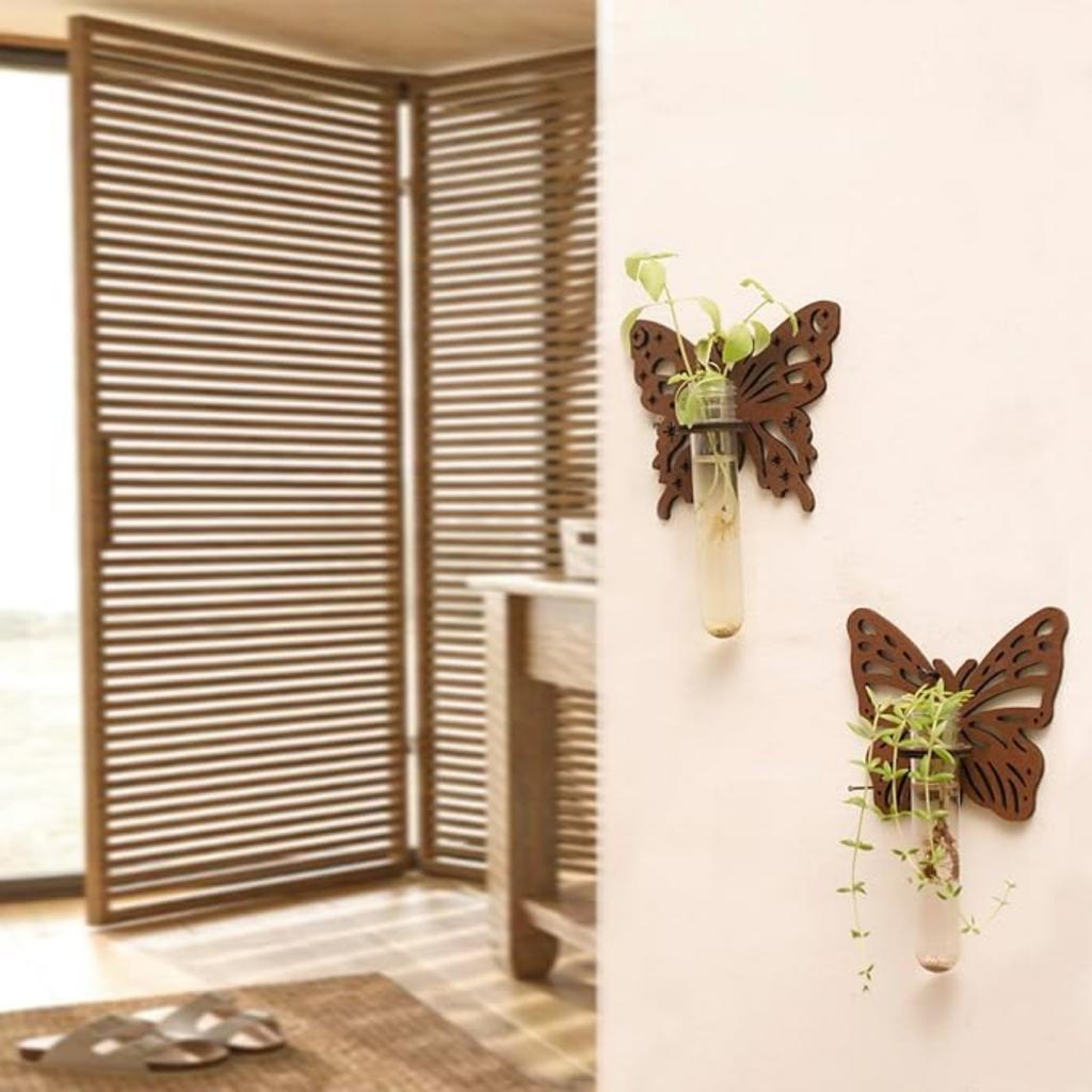 2pcs Wood Plant Terrarium for Hydroponics Plant Propagation Station Butterfly Wall Hanging Home Office Decor Test Tube Propagate Plant Cutting Holder