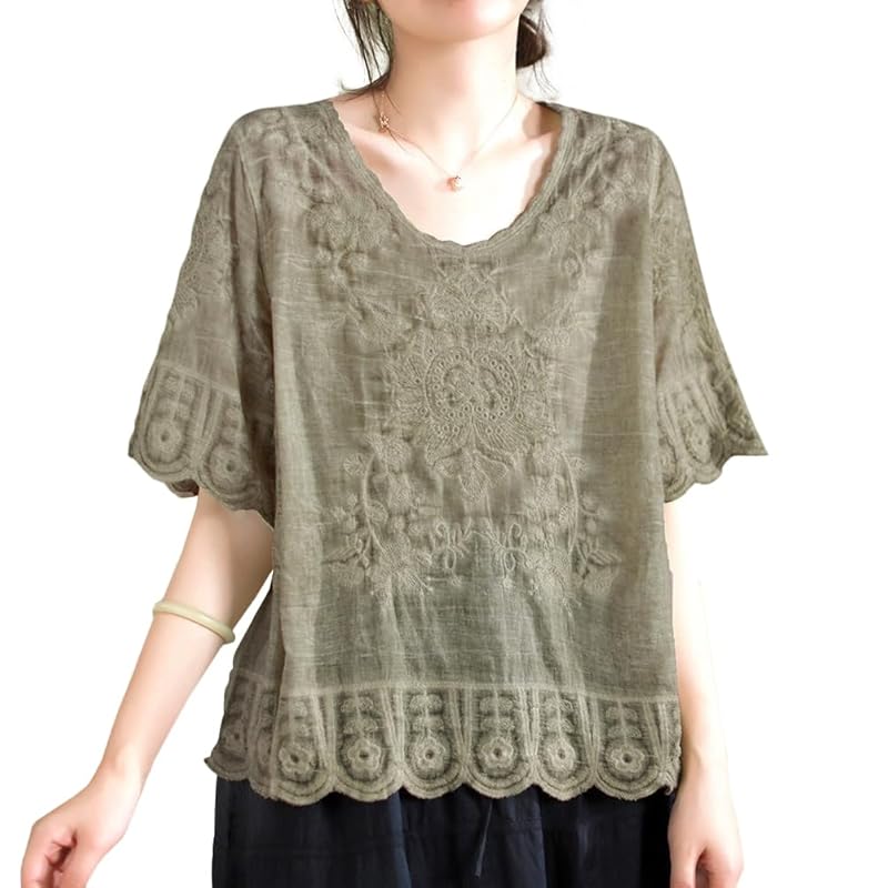 

[Bidason] blouse ladies shirt short sleeve embroidery cotton breathable Thin Cooling measures UV cut Relaxing body shape cover adult Feeling of