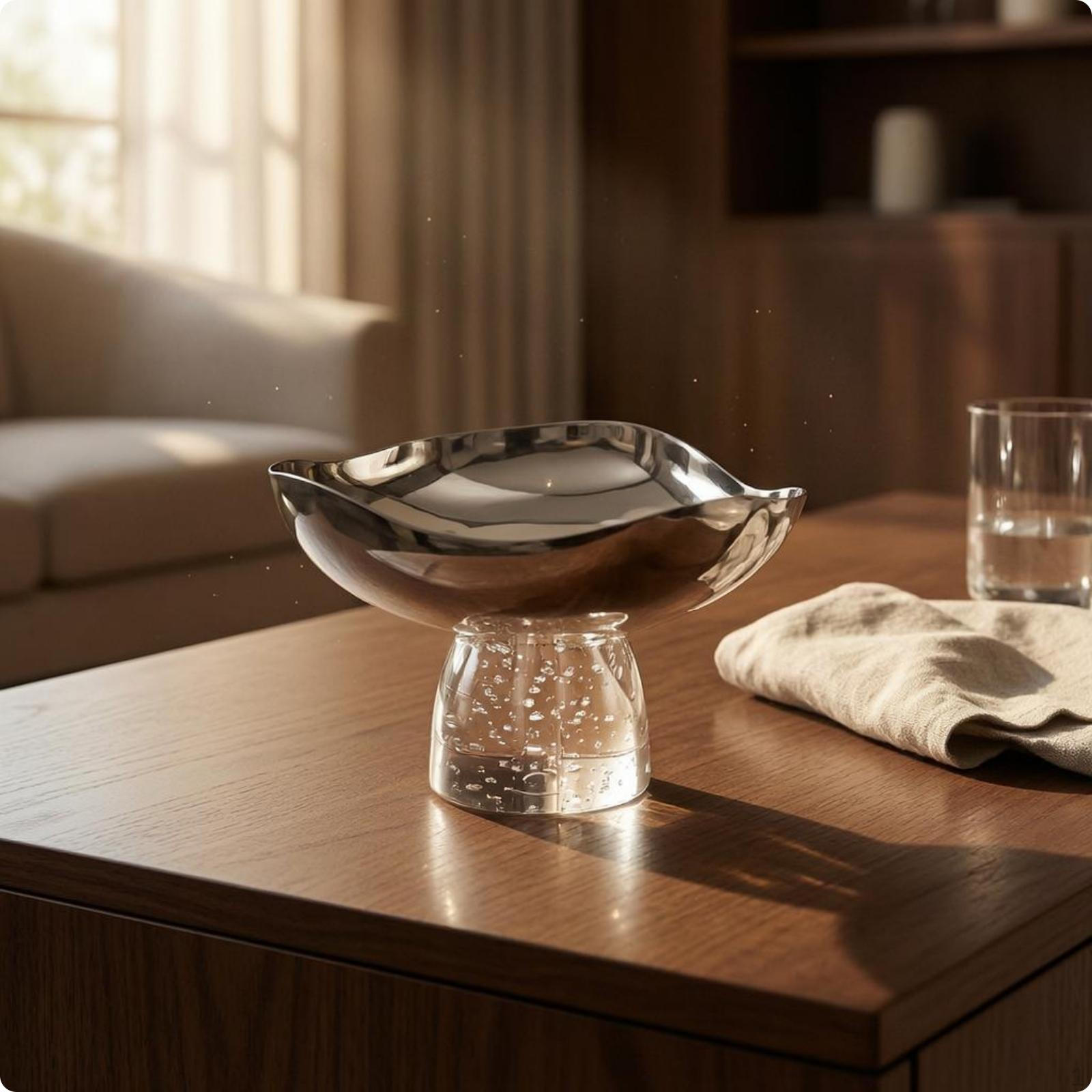 Stainless Steel Fruit Tray Mirror Finish Pedestal Bowl Transparent Base Decorative Serving