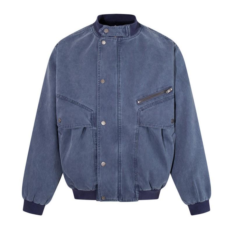 Mens Washed Vintage Canvas Workwear Jacket Loose Fit Stand Collar With Large Patch Pockets Streetwear