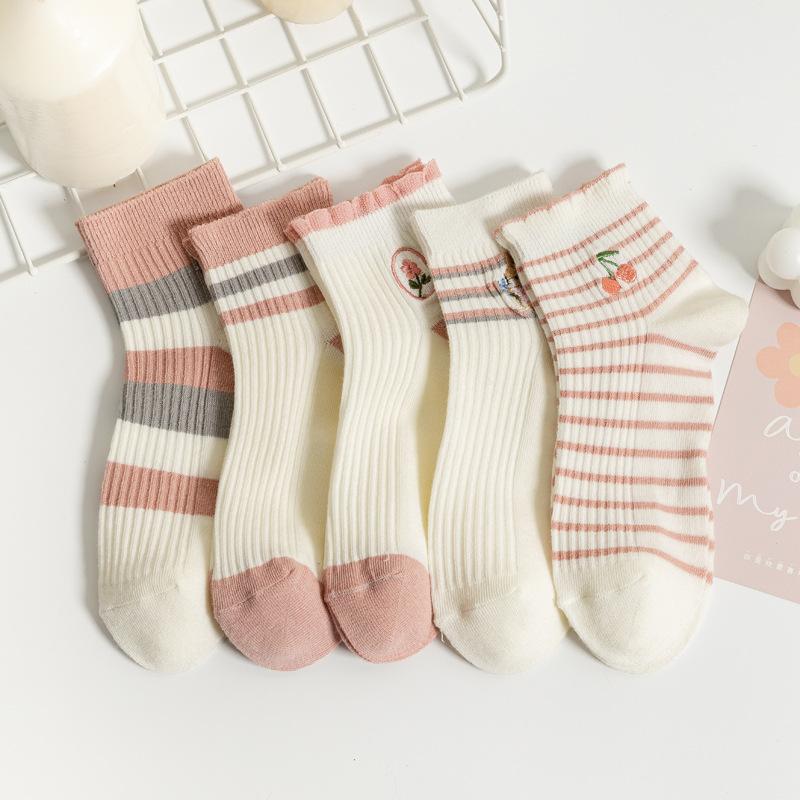 5/10 Pairs Casual Spring Summer Socks for Children Short Cuff Fresh Striped Color Block Boat Socks Academic Style Cute Embroidered Floral Socks