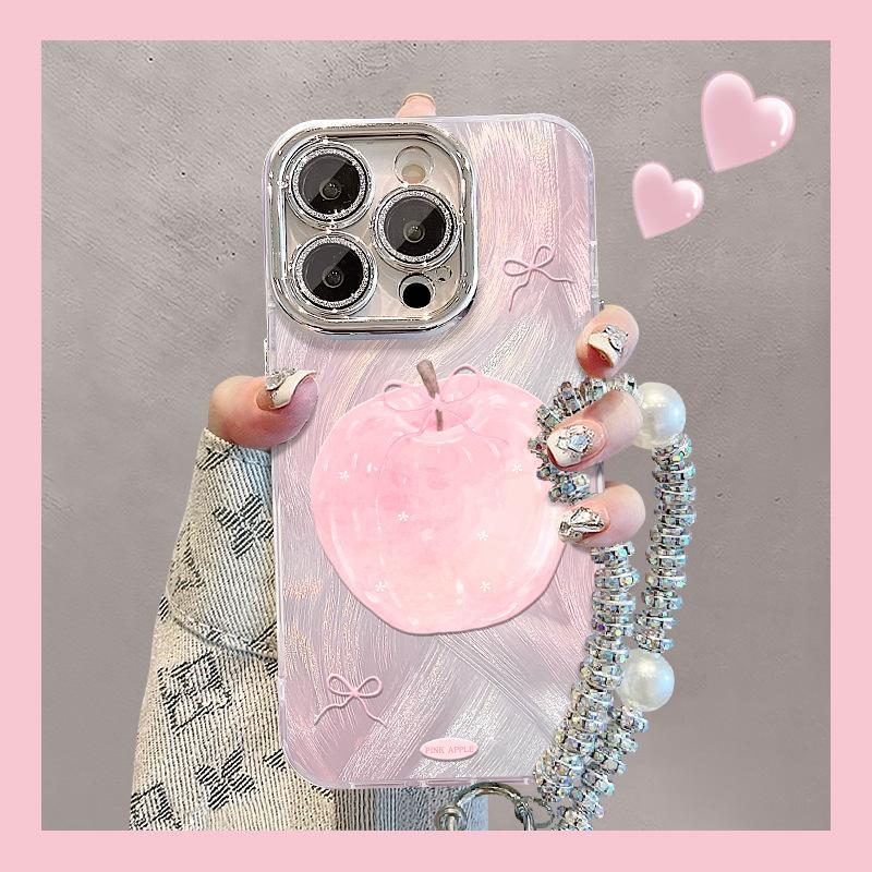 Green Apple Bracelet for Apple 16 Mobile Phone Case Huawei Pura70pro Feather Yarn 15 Full-pack Lens Film X