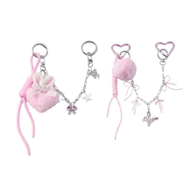 Bows Keyring Creative Car Key Chain Heart Keychain Braided Rope Keychain Ornament Plush Pompoms Bag Charm for Backpack