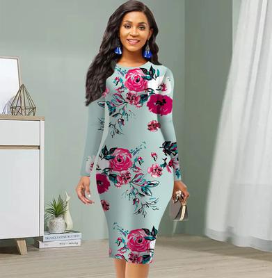 Long Sleeve Waist Tight Office Slim Fit Mixed Color Roses Printing Elegant Bodycon Dress