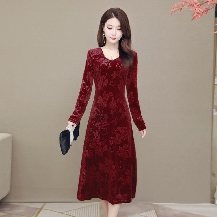 Golden Velvet D Printed Dress Women's Spring, Autumn and Winter Large Size Temperament Skinny Mom Dress