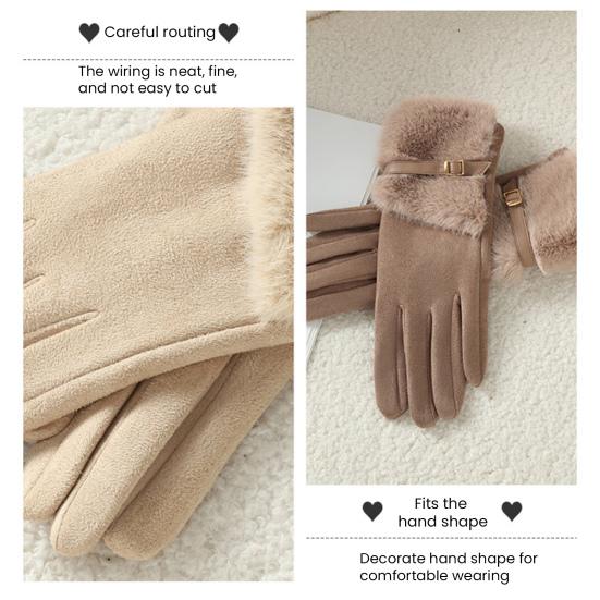 Women's Winter Suede Gloves with Fur Cuffs Soft Warm Touchscreen Cycling Gloves Ladies Fleece Lined Windproof Gloves for Cold Weather