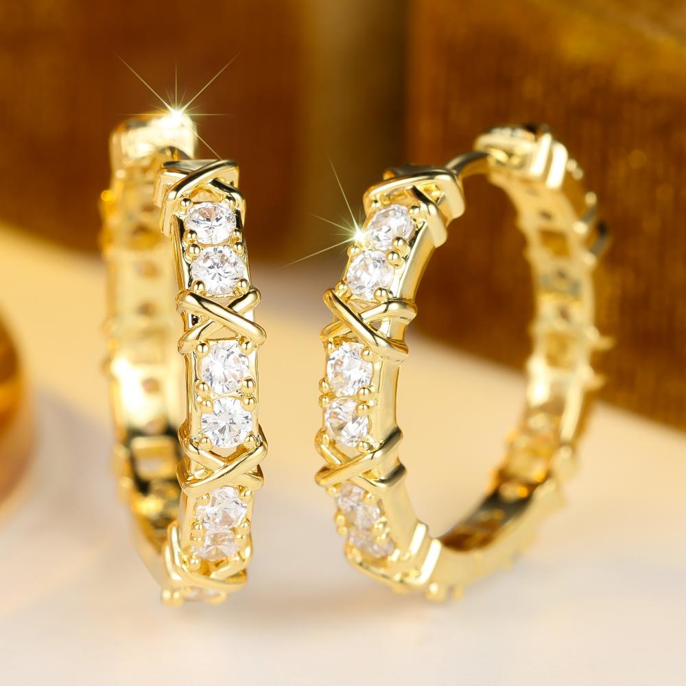Stylish Gold Color Cross Twisted White Zircon Hollow Huggie Hoop Earrings for Women Daily Fashion Simple Jewelry