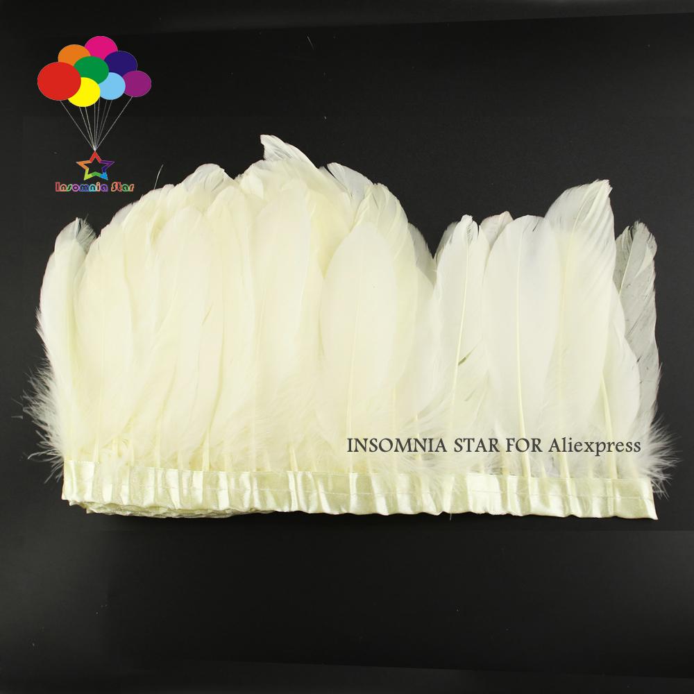 Feather2 Meter/pack Goose Feather Fringe Trim On Satin Header 6"- 8" In /15-20 Cm Width