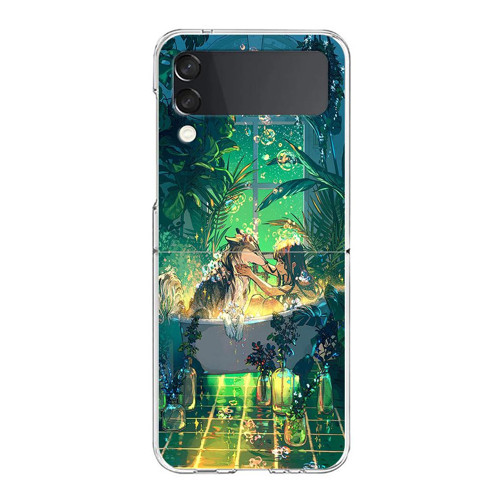 Anime Girl Art Scenery Clear Phone Case For Samsung Galaxy Z Flip 4 Case Thin High Hard PC Shell on For Galaxy Z Flip 3 5G Cover