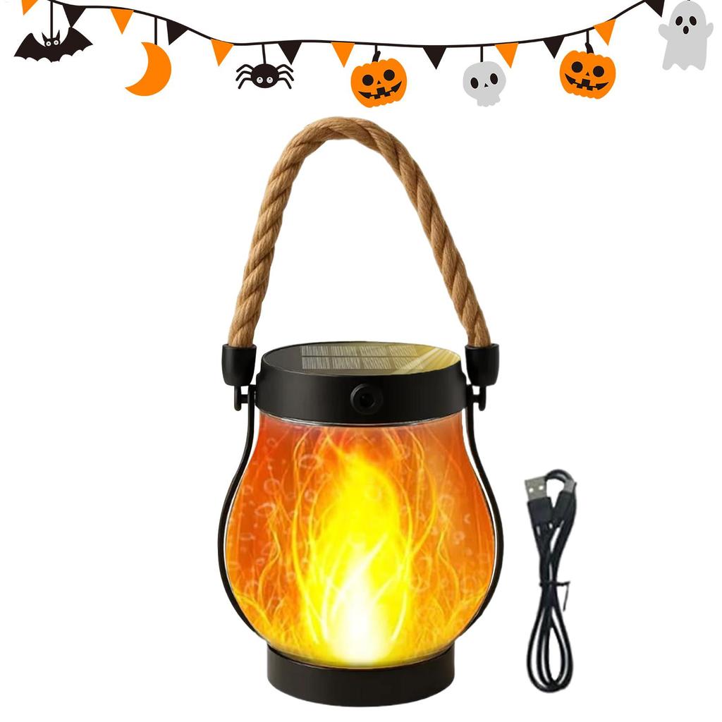 Halloween Flickering Flame Garden Lights Solar Lantern Outdoor Lights with Dancing Flames Hemp Rope Hanging Flickering Lights