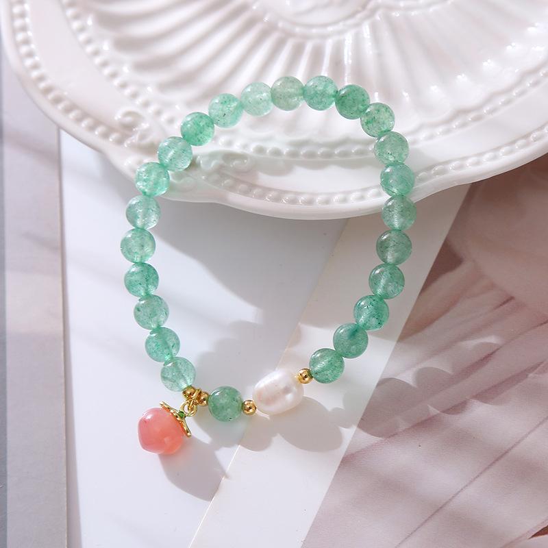100% Natural Freshwater Pearl & Green Chalcedony & Strawberry Quartz Trendy Peach 14K Gold Filled Ladies Beads Chain Bracelet