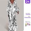 2025 Women's Slim Fit V-Neck Dress with Lantern Sleeves and Fashion Print