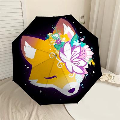 1pc Fox Flowers Automatic Folding Umbrella 8 Rib Iron Frame, Compact Portable Umbrella Suitable for Travel, Daily Use, Birthday, Women & Men Gift 046