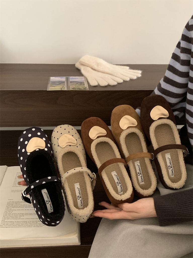 Französische Pailletten-Ein-Wort-Schnalle mit Samt-Mary-Jane-Einzelschuhen Damen 2025 Herbst und Winter neue Lammwolle flachsohlige Ballerinas