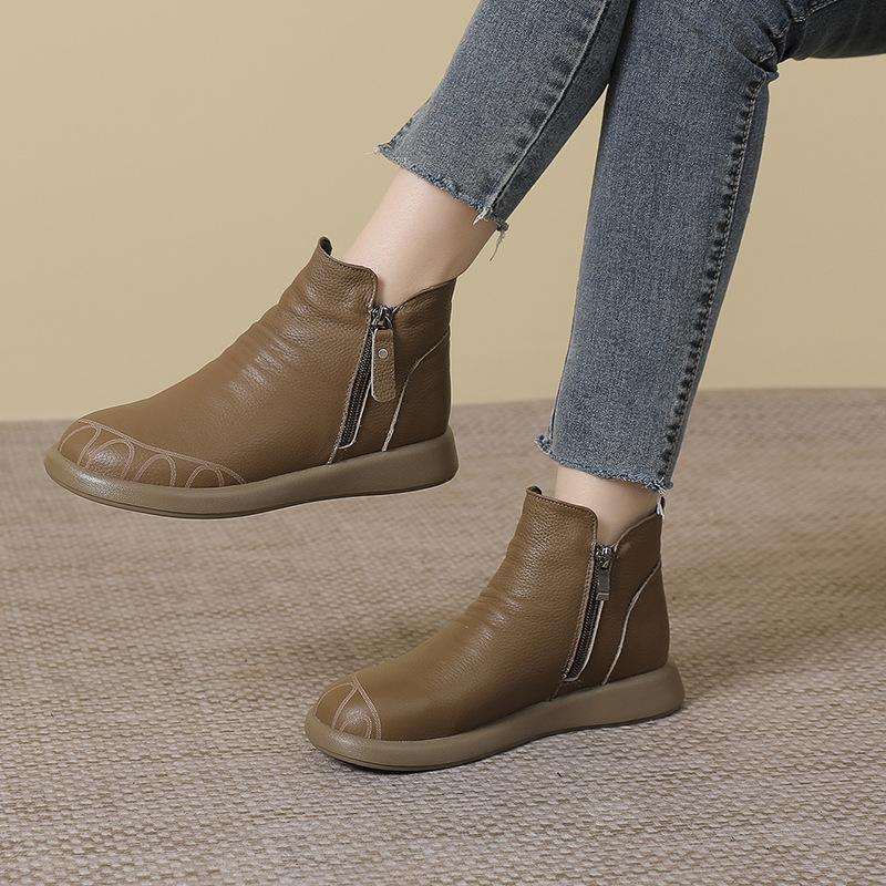 GKTINOO Autumn Winter Genuine Leather Flat Ankle Boots For Women Warm Boots Side Zipper Soft Comfortable Cow Leather Botas