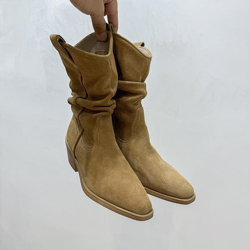 Cowhide Version~ Ruth Zhao Pointed Pile Boots Short Boots High Heel Retro Western Knight Boots Middle Boots