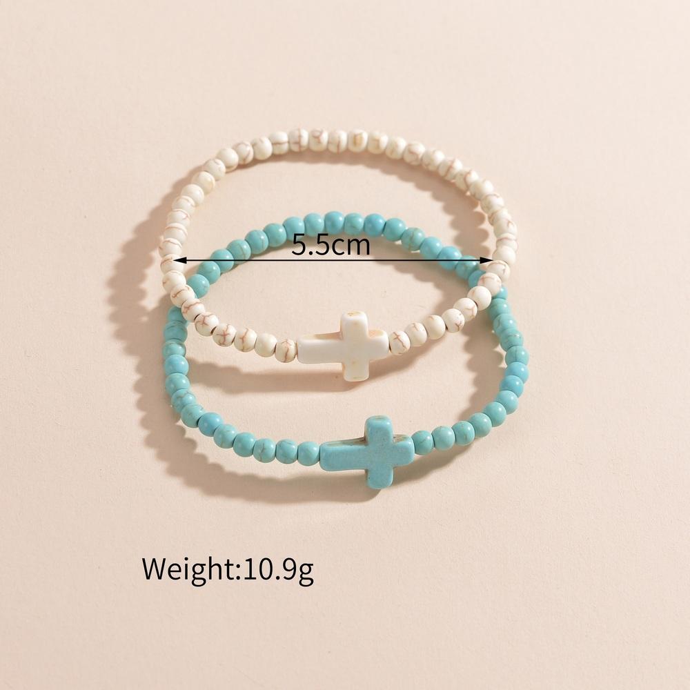 Classic Turquoise Cross Beaded Bracelet Couple Elastic Rope Fashion Texture Party Jewelry Gift Wrist Accessories