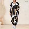 Women Plus Size Printed Nurse Scrub Set V Neck Long Sleeve Pockets Top Long Pants Two Piece