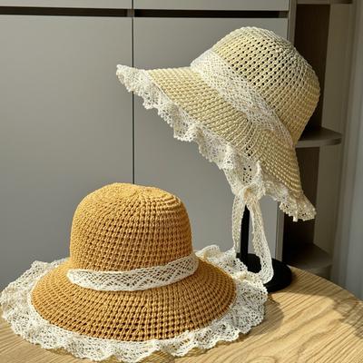 Lace Streamer Hollow Straw Hat Women's Spring Summer Travel Sunscreen Beach Hat Seaside Sunshade Sun Hat