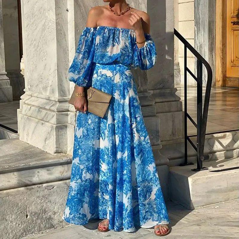 In Stock Temu European and American Women clothes Cross-Border 2025 Print off-Shoulder Beach Seaside Skirts Bohemian Dress