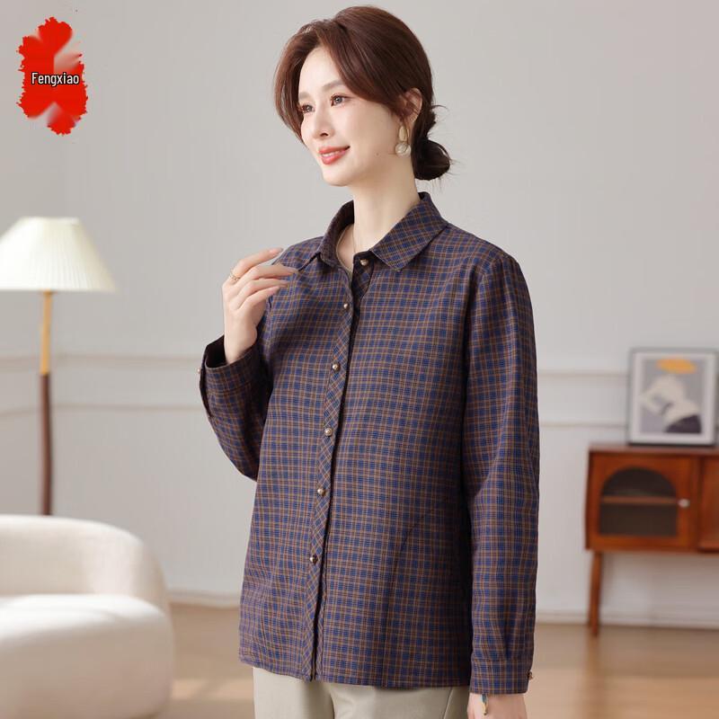 Elderly Women s Spring Plaid Cardigan Shirt 2XL