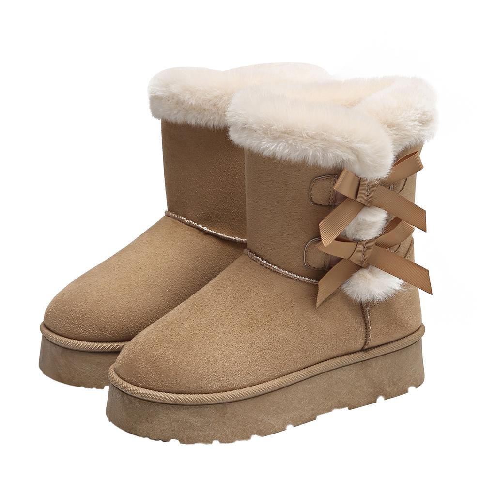 Damen Winterstiefeletten mit dicker Plateausohle, rutschfest, warm, mit Fellfutter, Stiefeletten bis zur Mitte der Wade, Schuhe aus Wildlederimitat, Plüschfleece, flauschige Wanderstiefel für Damen
