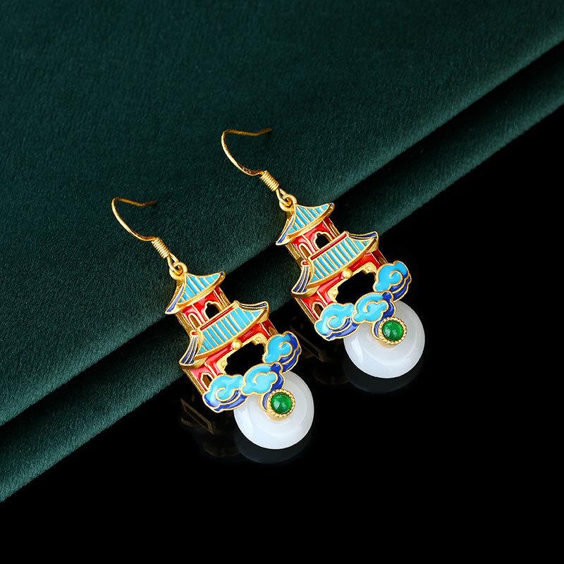 Chinese Style Enamel Painted 925 Sterling Silver Earrings with Auspicious Clouds and Imitation Jade Studs Electroplated Gold